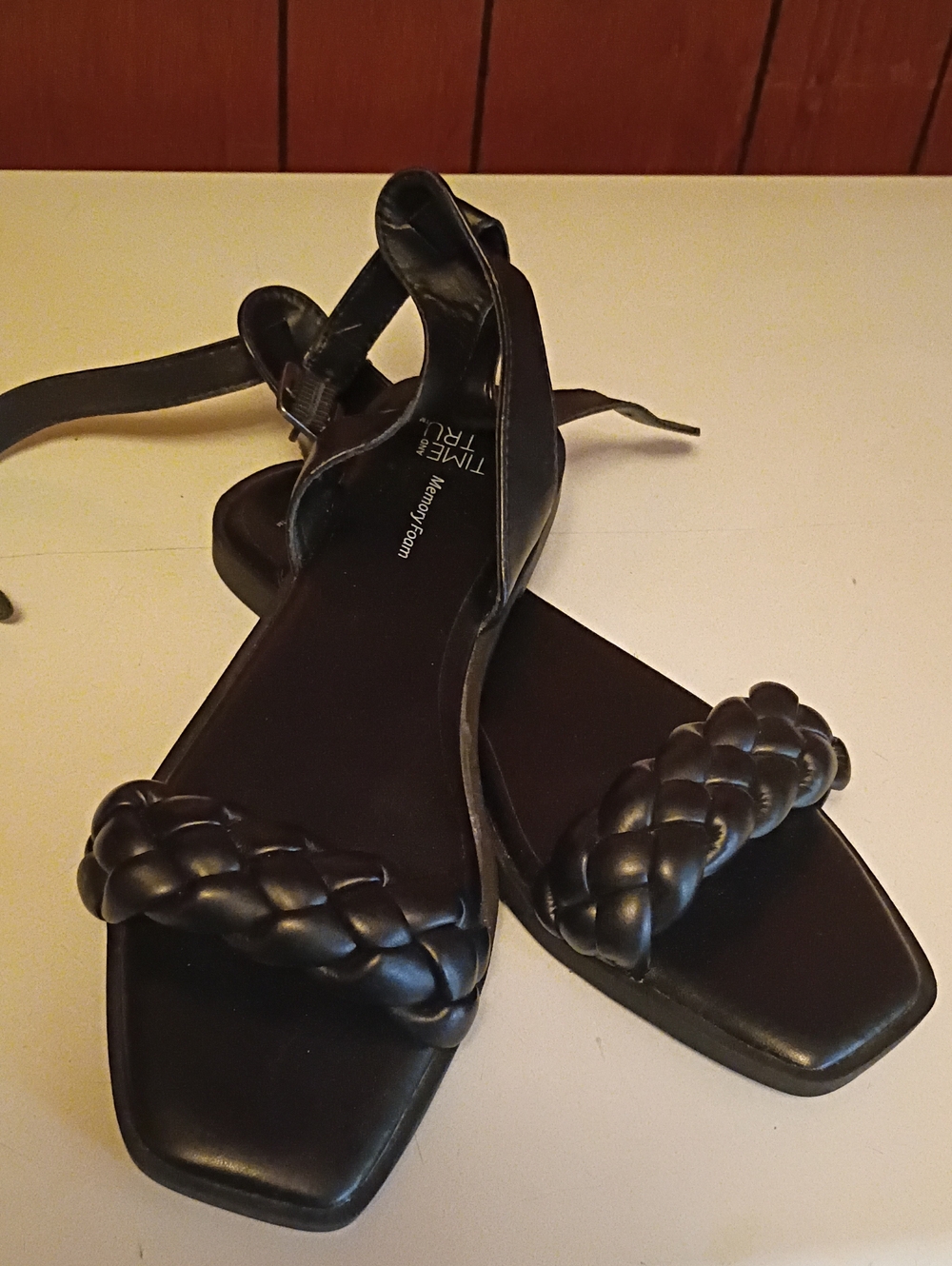 Time and Tru Black Braided Strap Ankle Tie Sandals